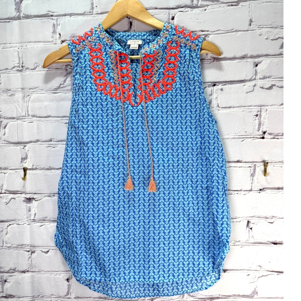 J.Crew Embroidered Sleeveless Top Womens 4 Blue Boho Tassel Cotton Lightweight